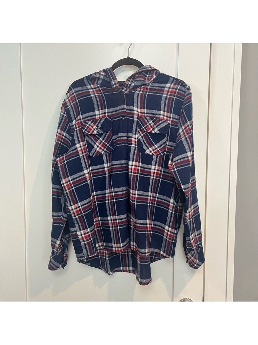 Navy and Red Plaid Hooded Button down